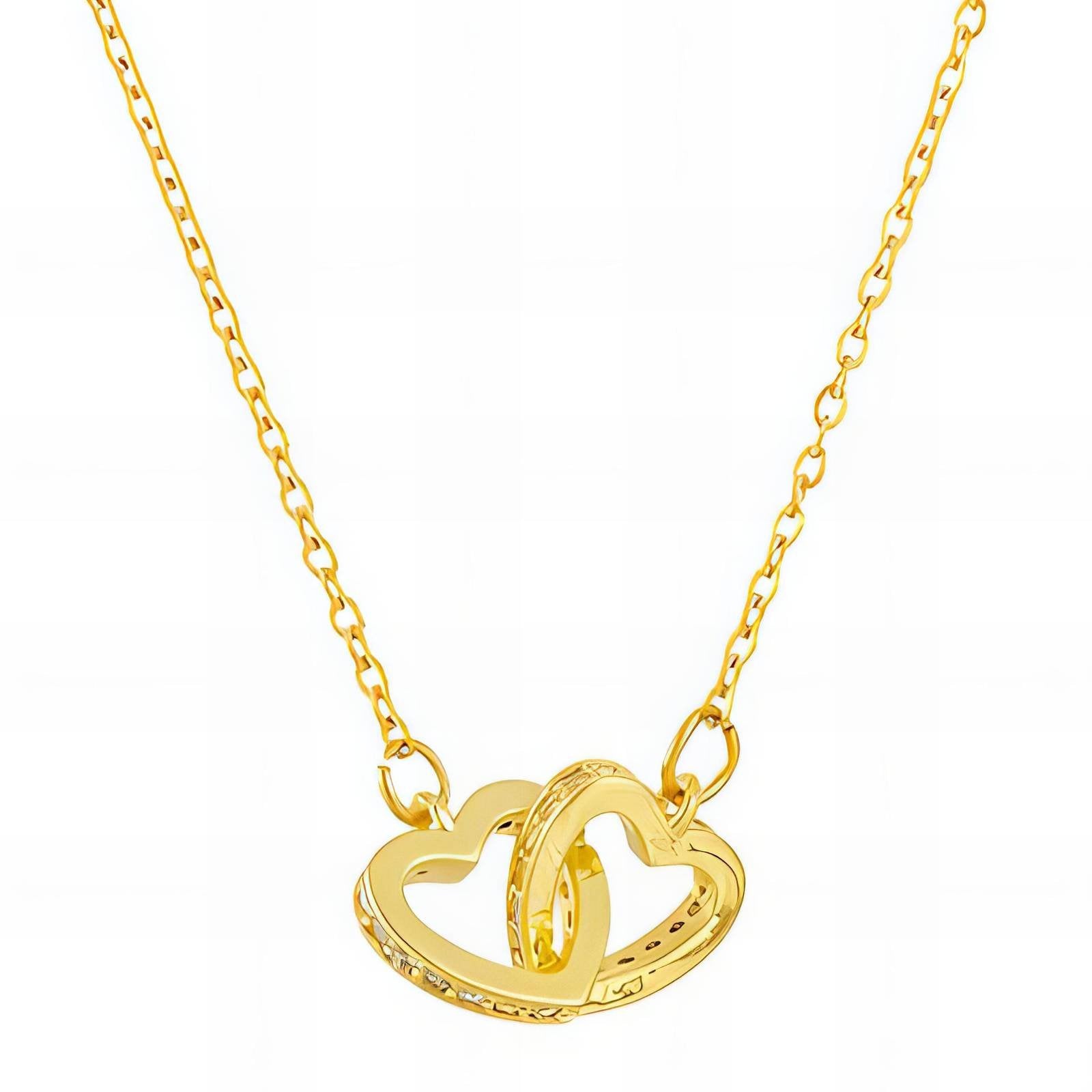 18K Gold Plated Interlocking Double Heart Necklace - Waterproof 316L Stainless Steel & Cubic Zirconia