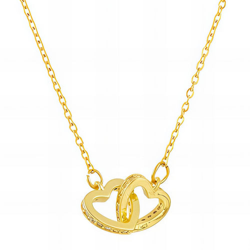18K Gold Plated Interlocking Double Heart Necklace - Waterproof 316L Stainless Steel & Cubic Zirconia