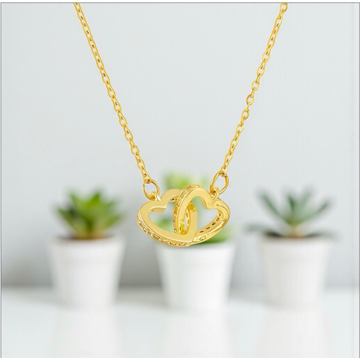 18K Gold Plated Interlocking Double Heart Necklace - Waterproof 316L Stainless Steel & Cubic Zirconia
