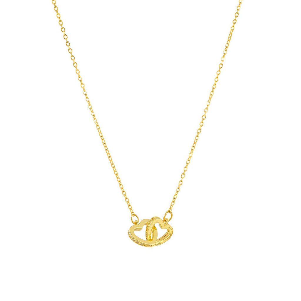 18K Gold Plated Interlocking Double Heart Necklace - Waterproof 316L Stainless Steel & Cubic Zirconia