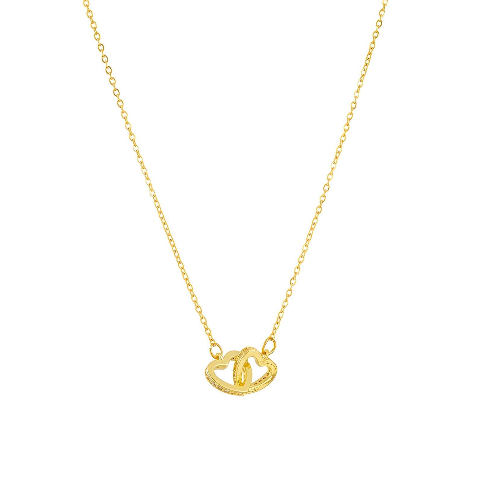 18K Gold Plated Interlocking Double Heart Necklace - Waterproof 316L Stainless Steel & Cubic Zirconia