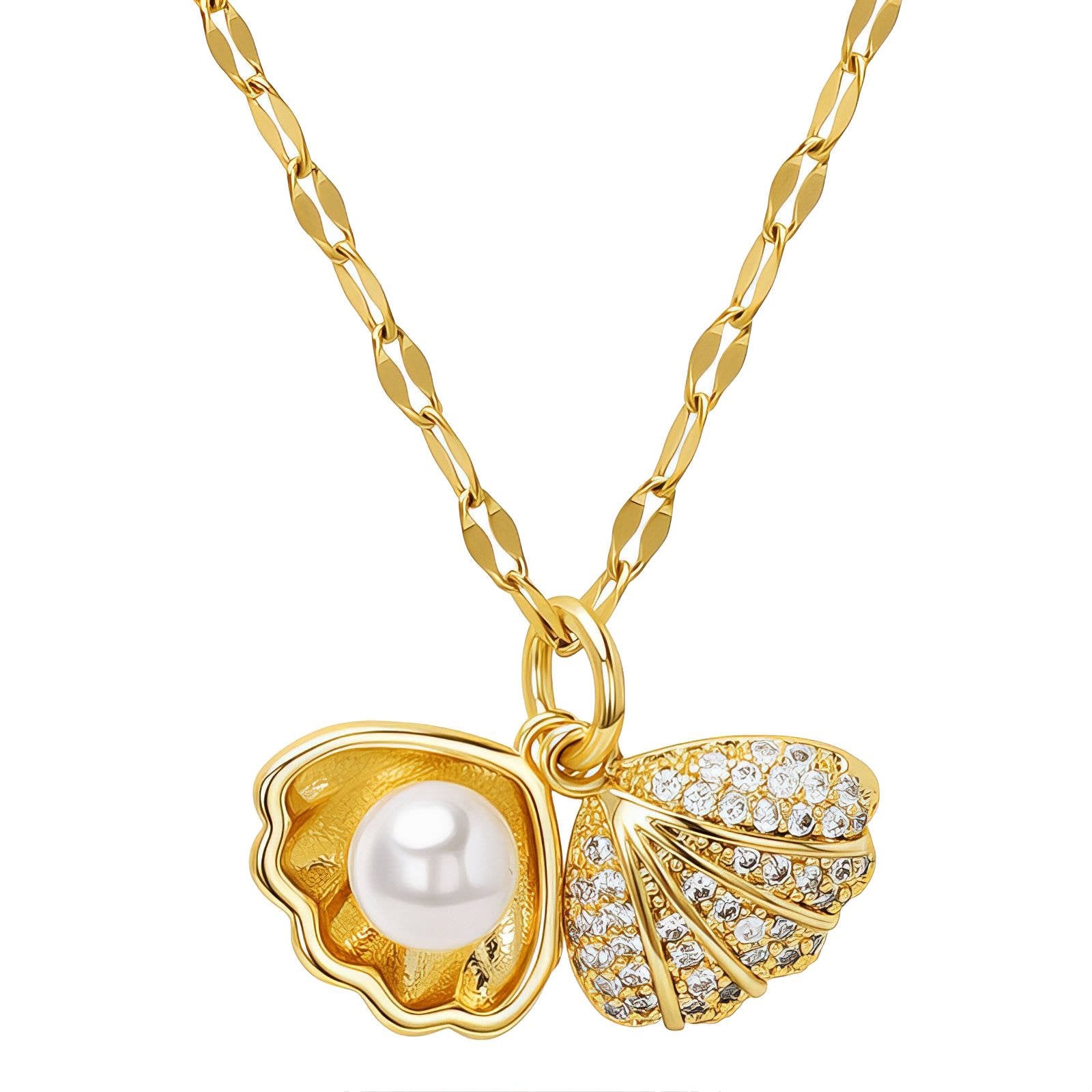 18K Gold Plated Seashell Pearl Necklace - Waterproof 316L Stainless Steel & Cubic Zirconia