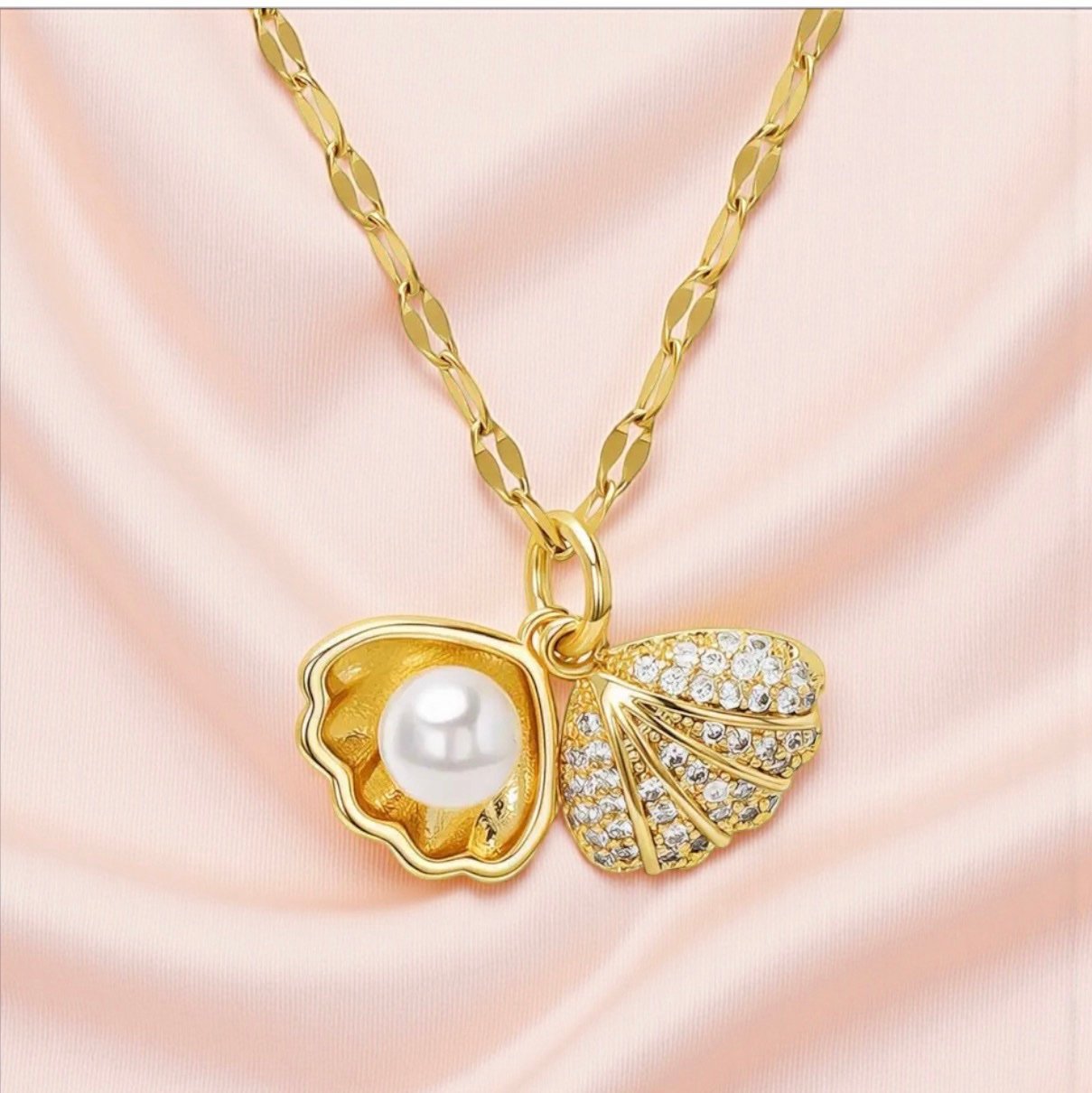 18K Gold Plated Seashell Pearl Necklace - Waterproof 316L Stainless Steel & Cubic Zirconia