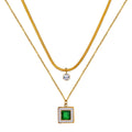 18K Gold Plated Layered Necklace – Waterproof & Tarnish-Free Stainless Steel Double Chain with Green Emerald & Clear CZ Pendants