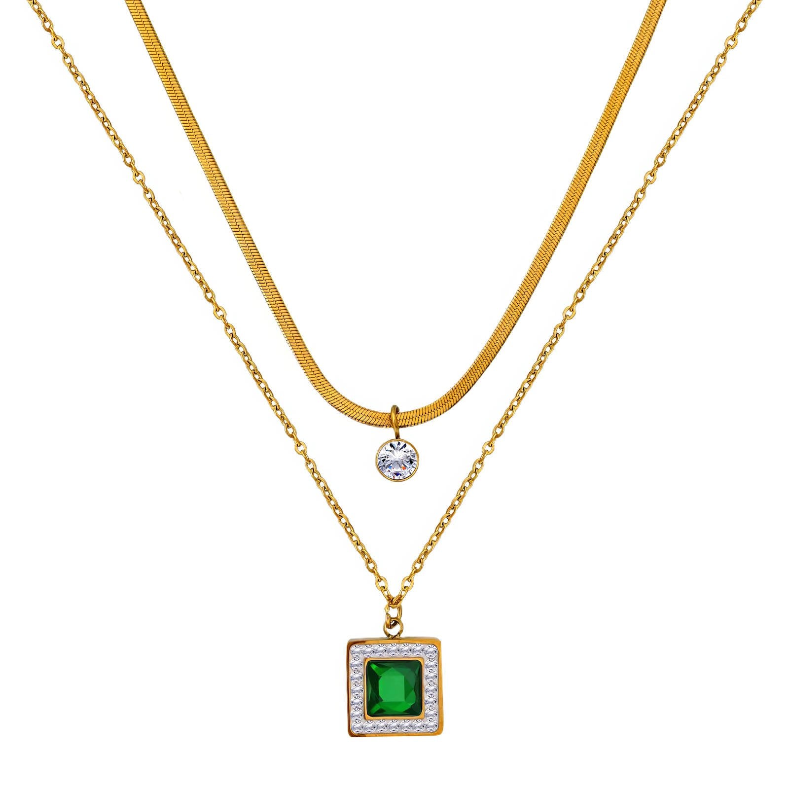 18K Gold Plated Layered Necklace – Waterproof & Tarnish-Free Stainless Steel Double Chain with Green Emerald & Clear CZ Pendants