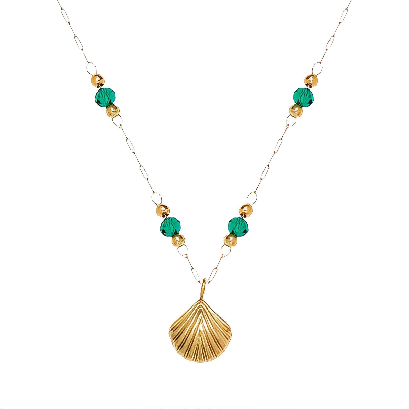 18K Gold Plated Seashell Necklace with Green Beads