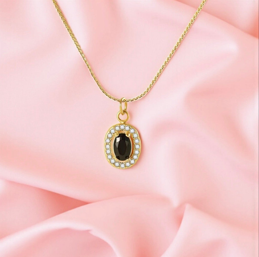 18K Gold Plated Black Oval Pendant Necklace | Waterproof & Tarnish-Free 316L Stainless Steel Jewelry with Cubic Zirconia