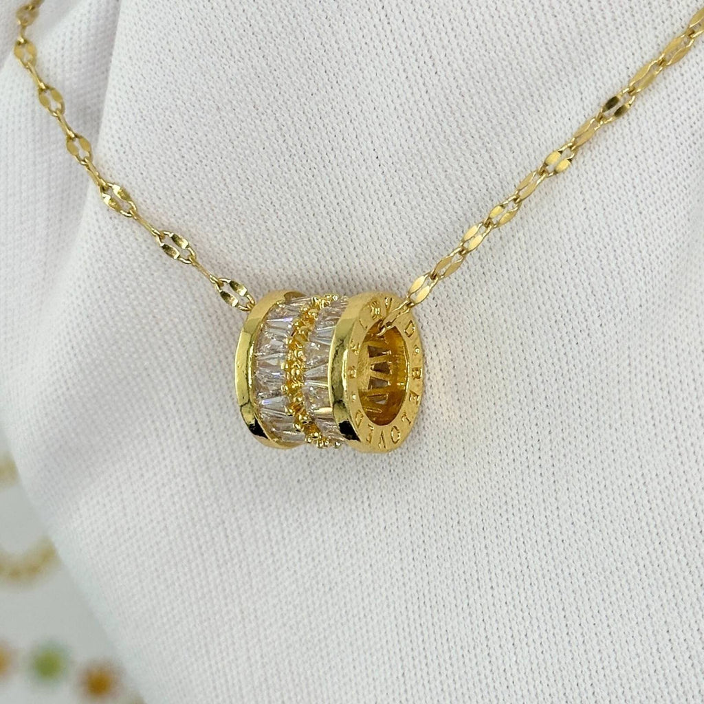 18K Gold Plated Barrel Pendant Necklace with Cubic Zirconia | Waterproof & Tarnish-Free Stainless Steel Jewelry