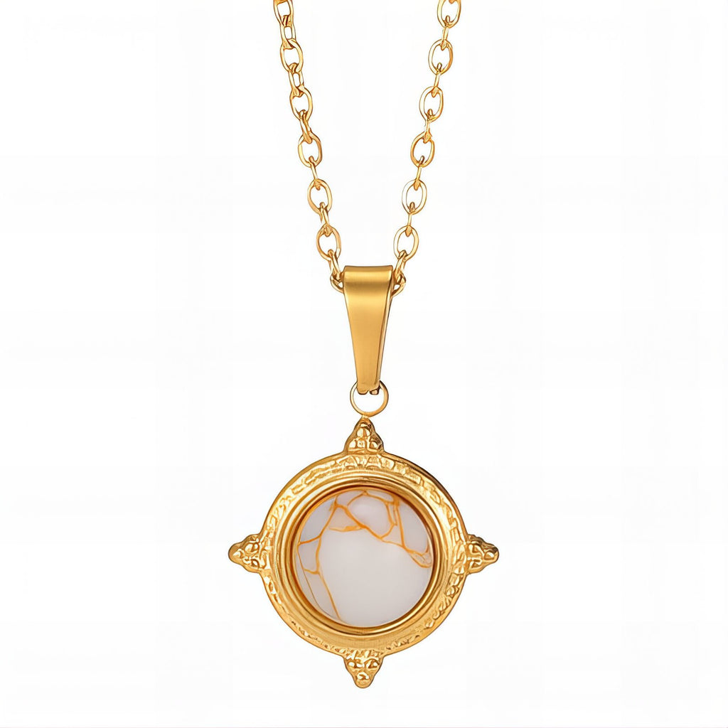 18K Gold Plated Compass Medallion Necklace | Waterproof & Tarnish-Free Stainless Steel Marble Effect Jewelry