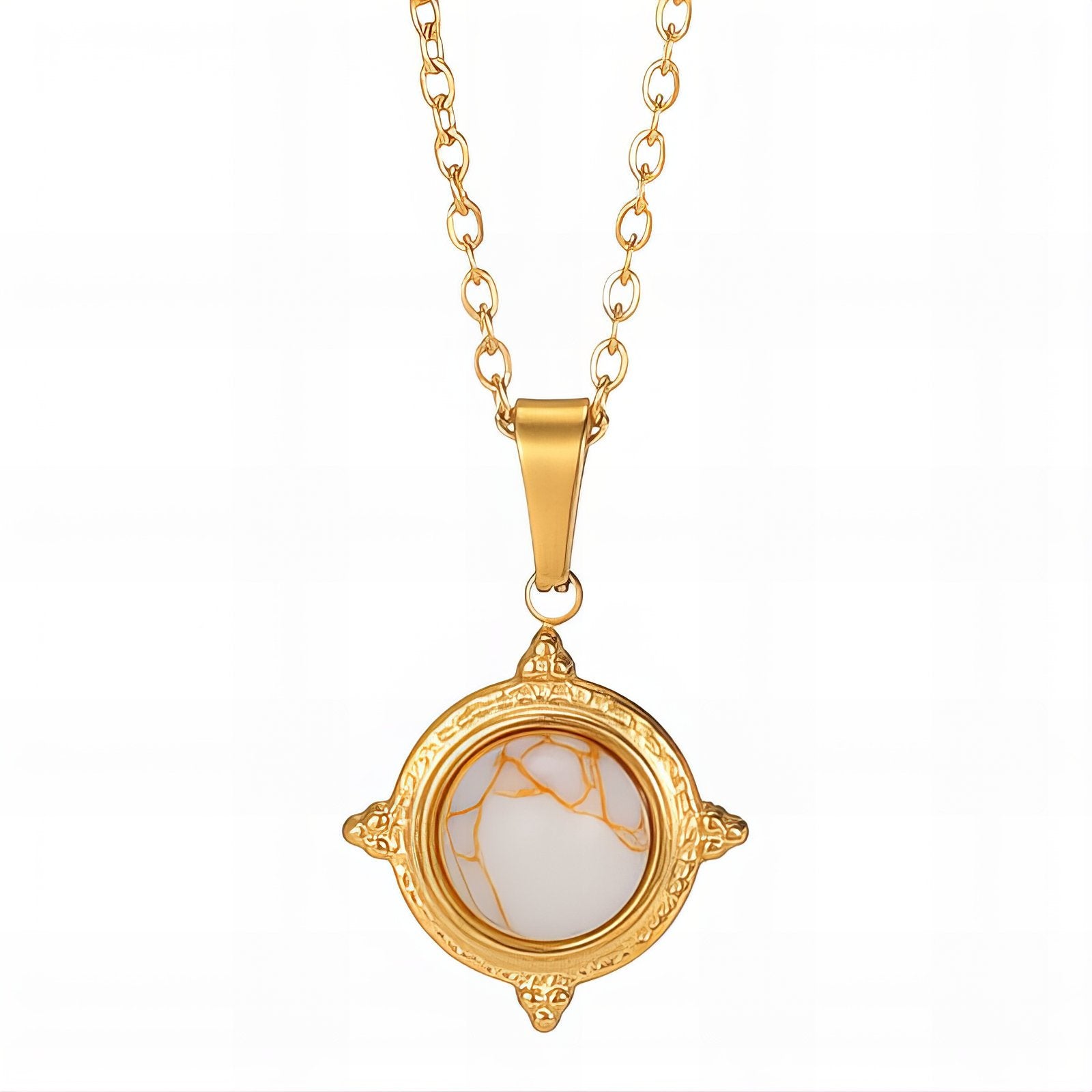 18K Gold Plated Compass Medallion Necklace | Waterproof & Tarnish-Free Stainless Steel Marble Effect Jewelry