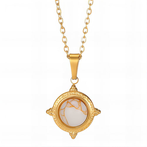 18K Gold Plated Compass Medallion Necklace | Waterproof & Tarnish-Free Stainless Steel Marble Effect Jewelry