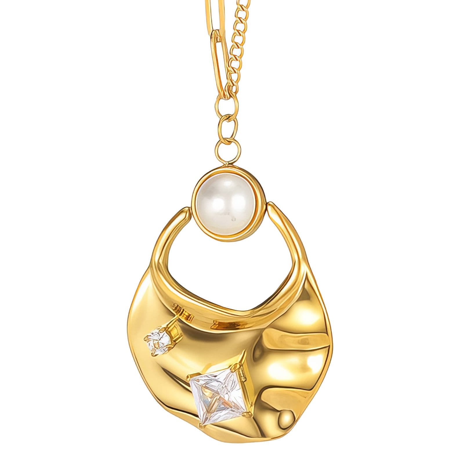 18K Gold Plated Stainless Steel Pearl & Cubic Zirconia Necklace | Waterproof & Tarnish-Free Statement Jewelry
