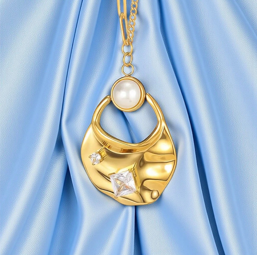 18K Gold Plated Stainless Steel Pearl & Cubic Zirconia Necklace | Waterproof & Tarnish-Free Statement Jewelry