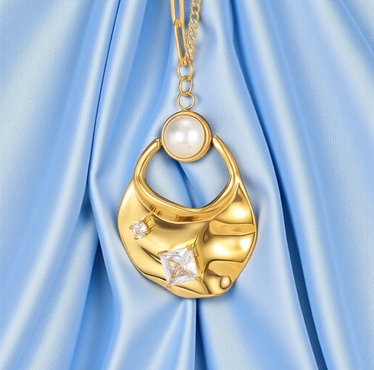 18K Gold Plated Stainless Steel Pearl & Cubic Zirconia Necklace | Waterproof & Tarnish-Free Statement Jewelry