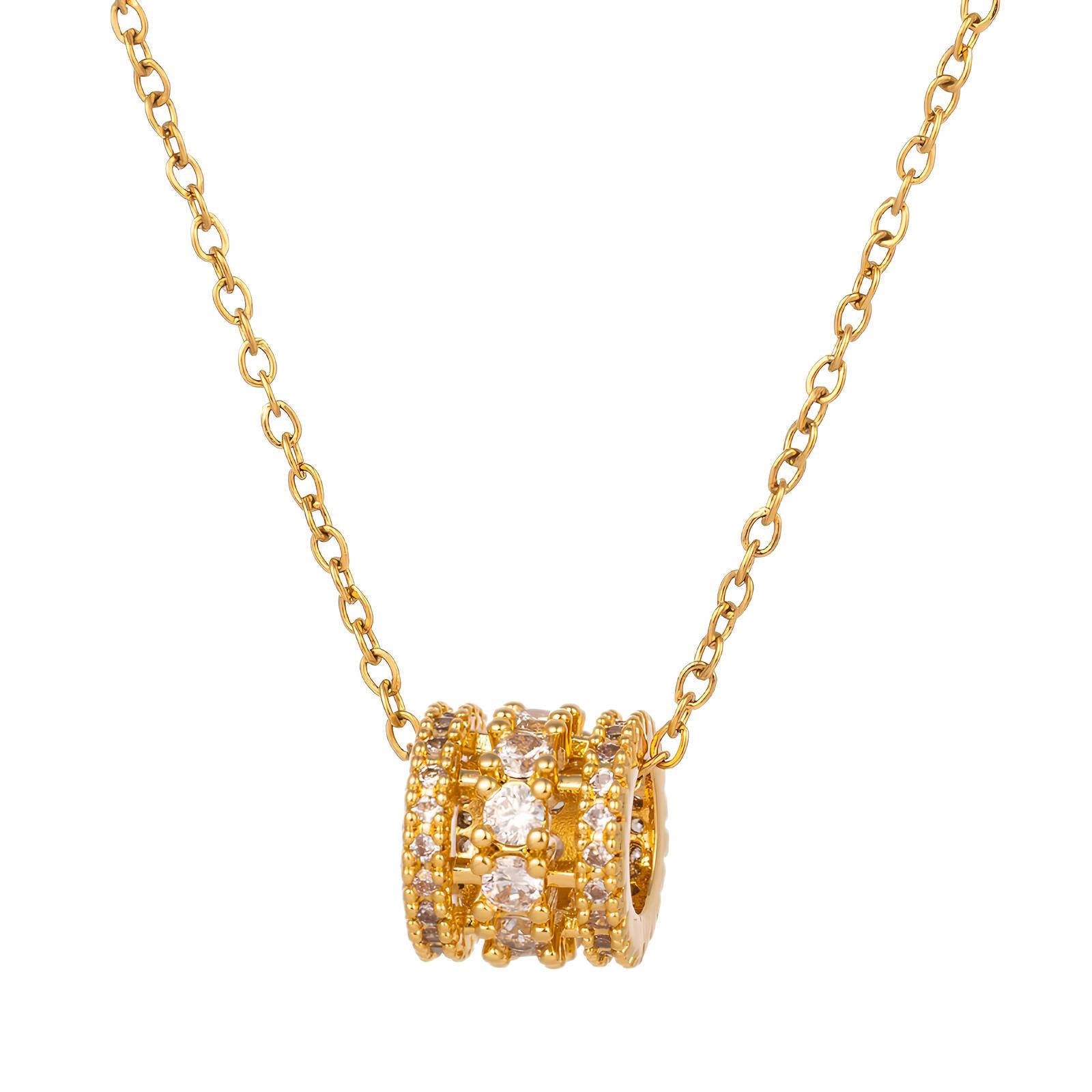 18K Gold Plated Stainless Steel Barrel Pendant Necklace with Cubic Zirconia | Waterproof & Tarnish-Free Dainty Gold Jewelry