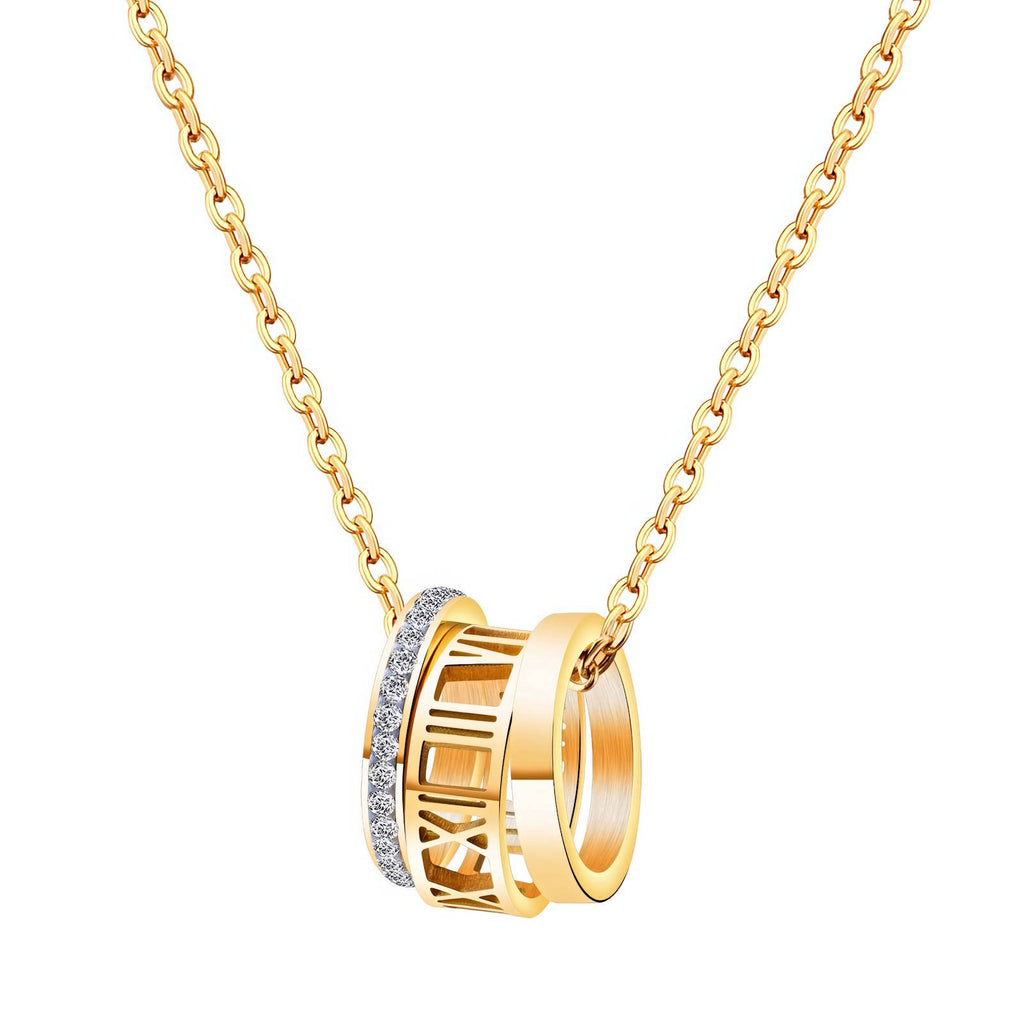 18K Gold Plated Roman Numeral Triple Band Necklace with Cubic Zirconia | Waterproof & Tarnish-Free Stainless Steel Jewelry