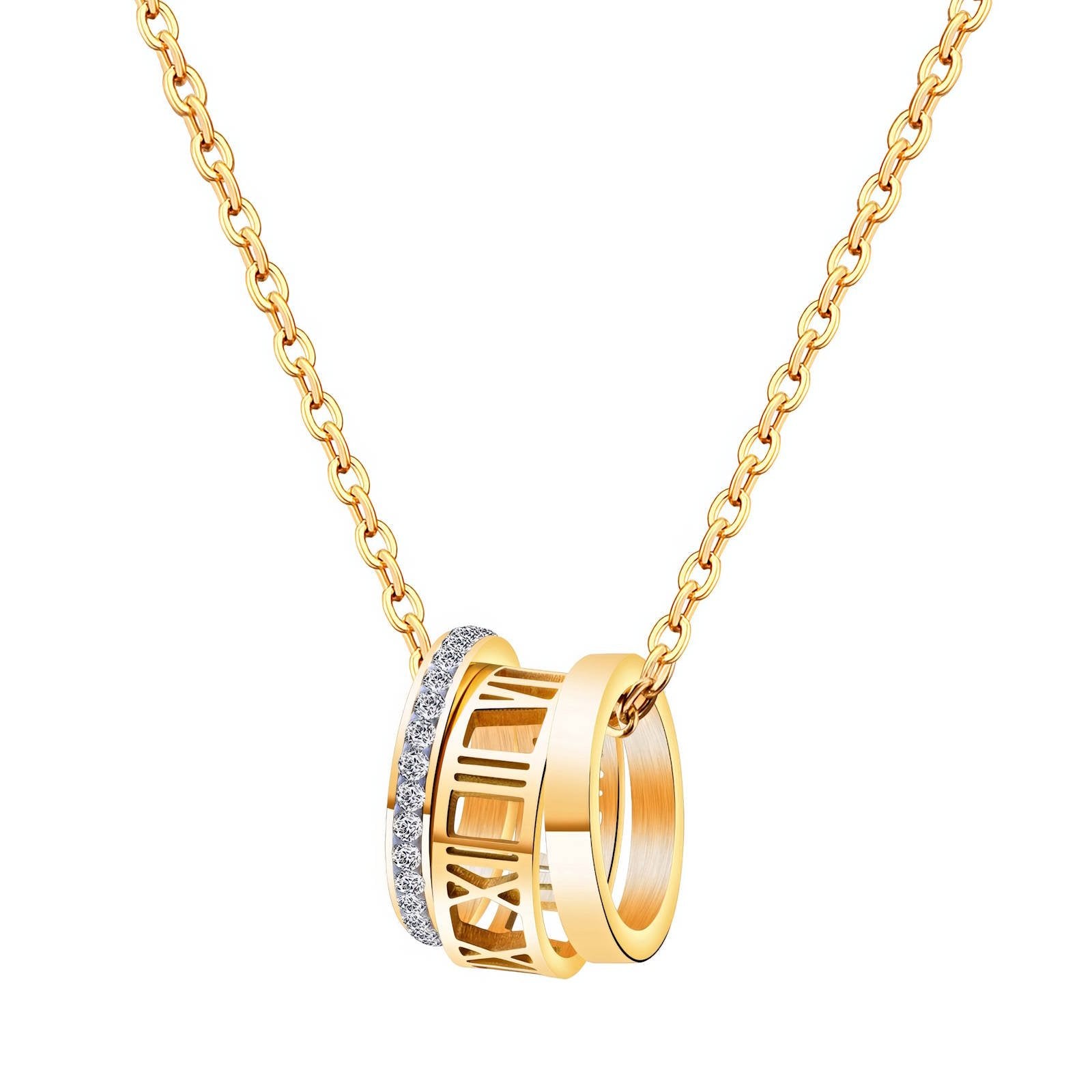 18K Gold Plated Roman Numeral Triple Band Necklace with Cubic Zirconia | Waterproof & Tarnish-Free Stainless Steel Jewelry