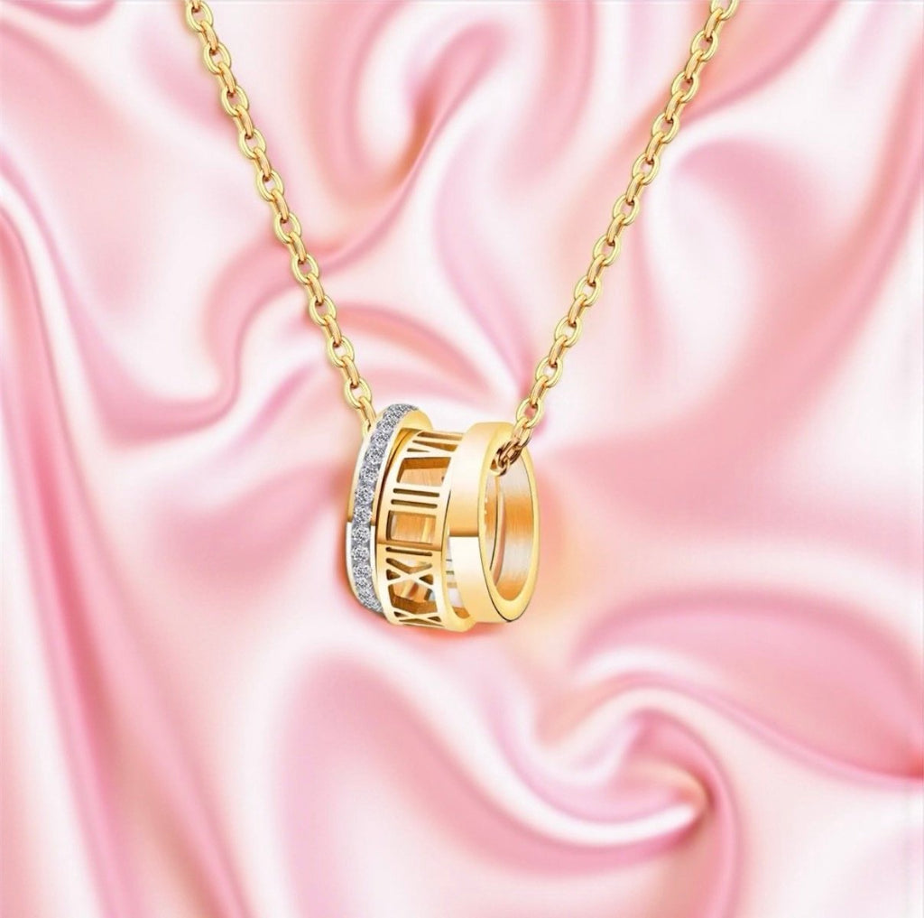 18K Gold Plated Roman Numeral Triple Band Necklace with Cubic Zirconia | Waterproof & Tarnish-Free Stainless Steel Jewelry