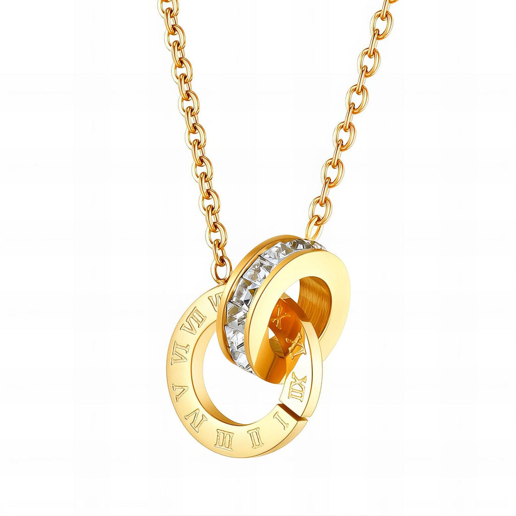 18K Gold Plated Roman Numeral Interlocking Ring Necklace | Waterproof & Tarnish-Free Stainless Steel Jewelry with Cubic Zirconia