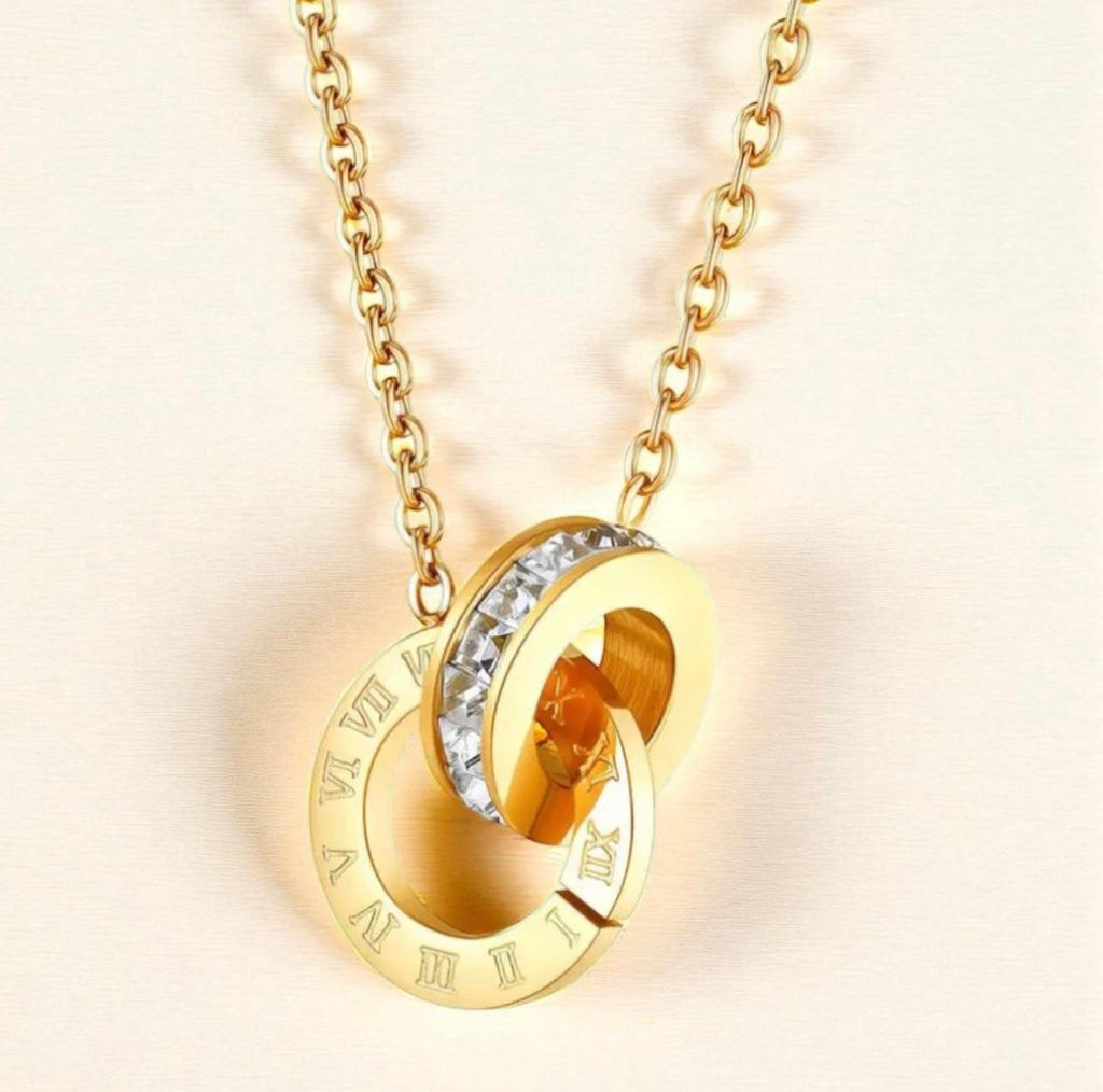 18K Gold Plated Roman Numeral Interlocking Ring Necklace | Waterproof & Tarnish-Free Stainless Steel Jewelry with Cubic Zirconia