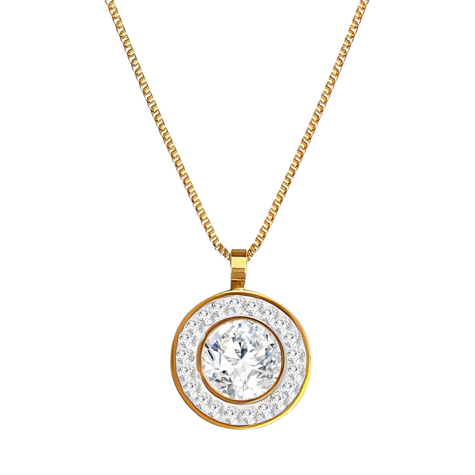 18K Gold Plated Round Halo Cubic Zirconia Necklace | Waterproof & Tarnish-Free Stainless Steel Jewelry