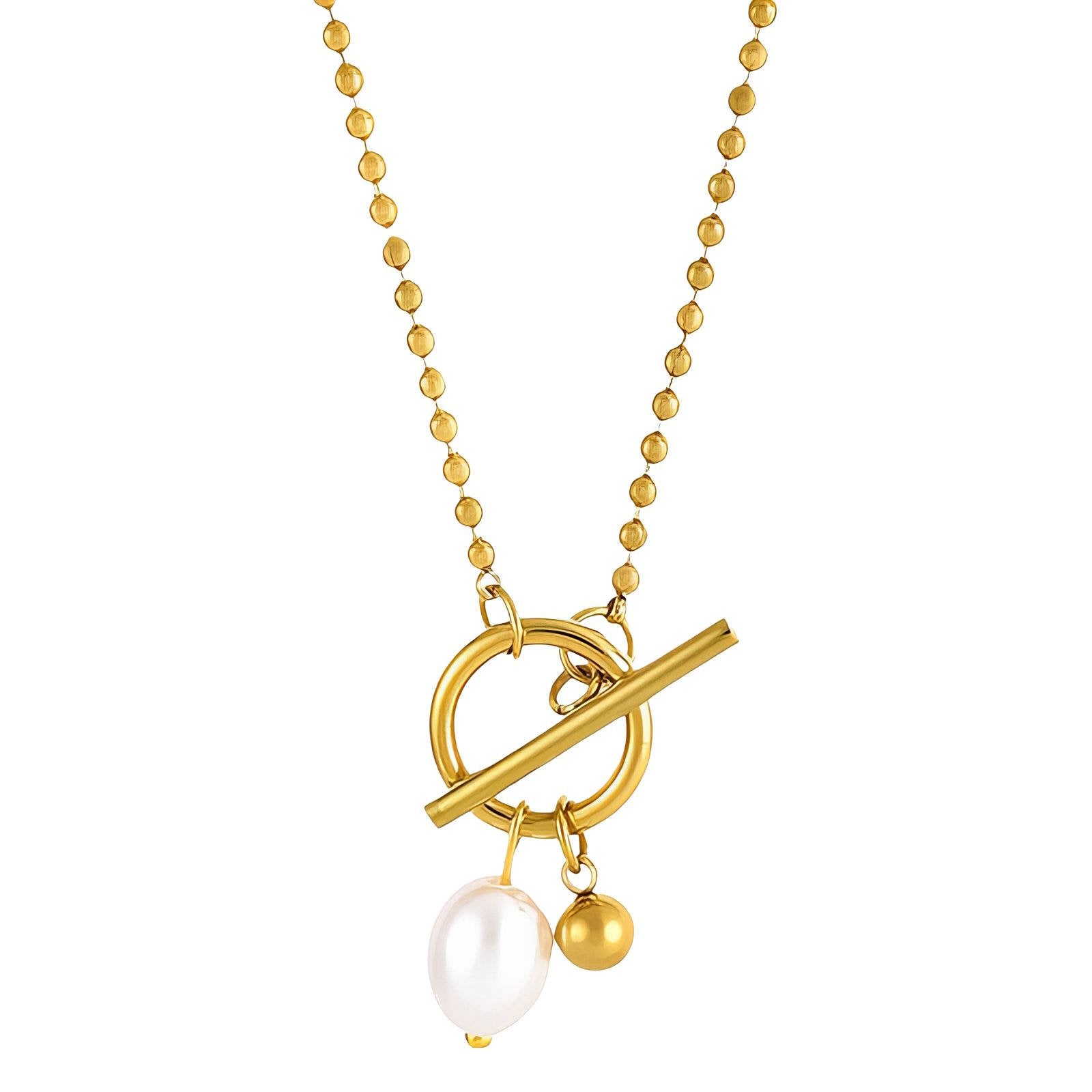 18K Gold Plated Stainless Steel Toggle Clasp Necklace with Pearl & Ball Charms | Waterproof & Tarnish-Free Modern Jewelry