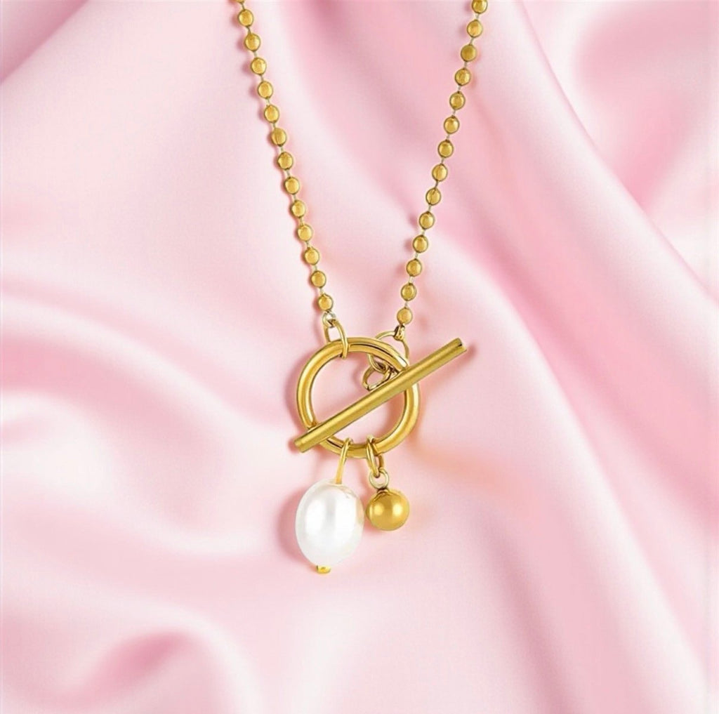 18K Gold Plated Stainless Steel Toggle Clasp Necklace with Pearl & Ball Charms | Waterproof & Tarnish-Free Modern Jewelry