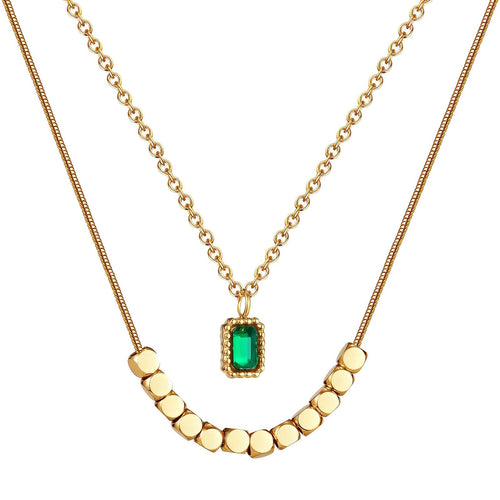 18K Gold Plated Stainless Steel Emerald Green Double Layered Necklace | Waterproof & Tarnish-Free CZ Minimalist Jewelry