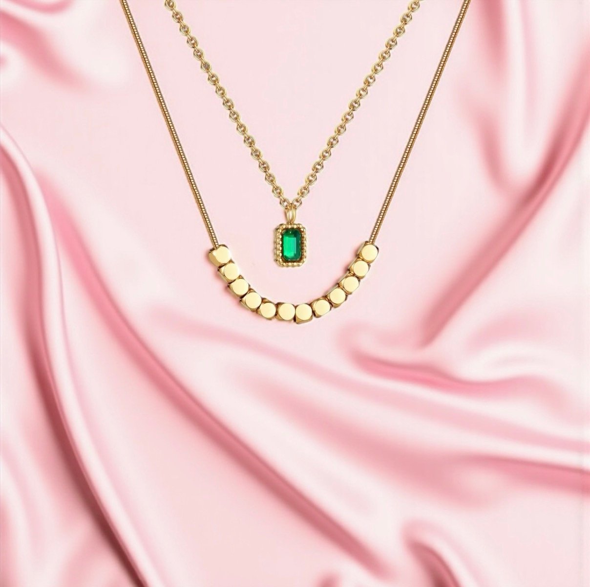 18K Gold Plated Stainless Steel Emerald Green Double Layered Necklace | Waterproof & Tarnish-Free CZ Minimalist Jewelry
