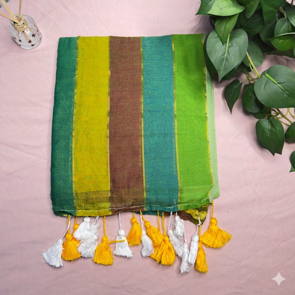 Refreshing Green & Yellow Striped Mul Cotton Saree with Tassels