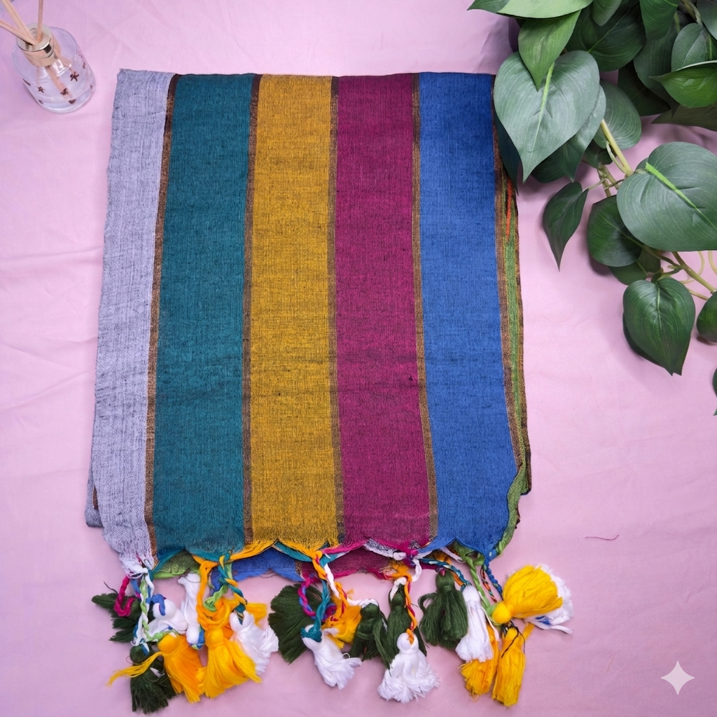 Vibrant Multi-Striped Mul Cotton Saree with Decorative Tassels