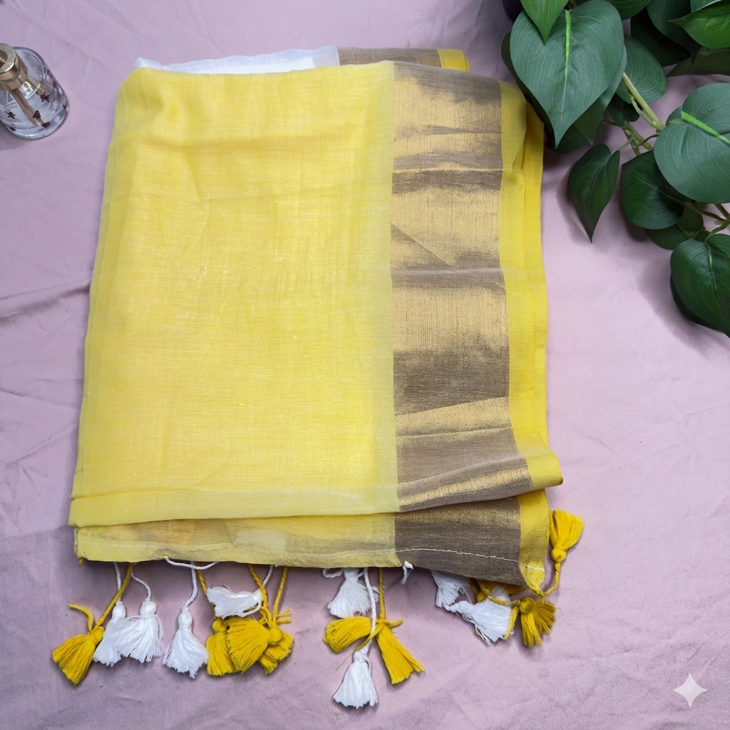 Classic Kerala-Style Off-White & Yellow Mul Cotton Saree with Zari Border