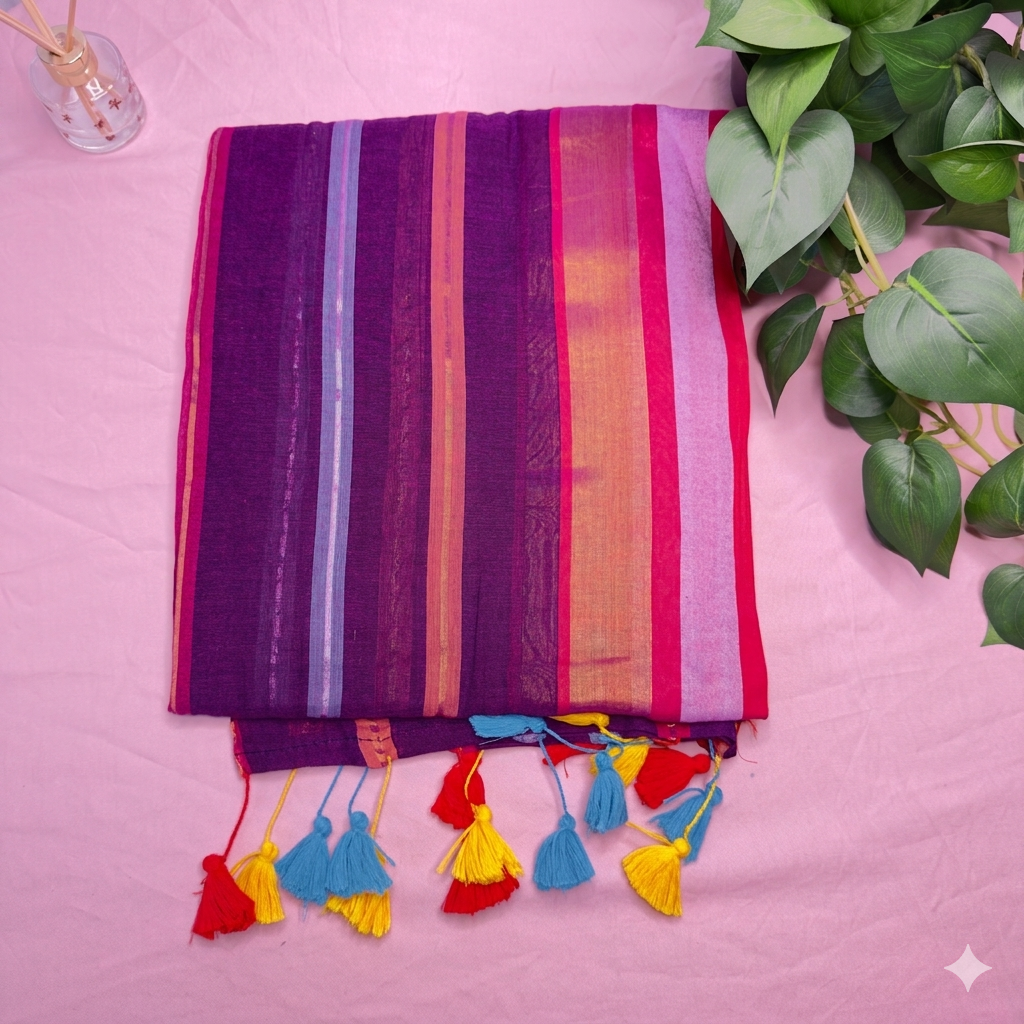 Bold Purple & Multi-Striped Mul Cotton Saree with Festive Tassels