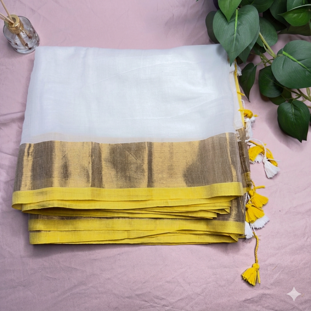 Classic Kerala-Style Off-White & Yellow Mul Cotton Saree with Zari Border