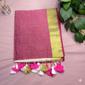 Elegant Rose Pink & Gold Zari Border Mul Cotton Saree