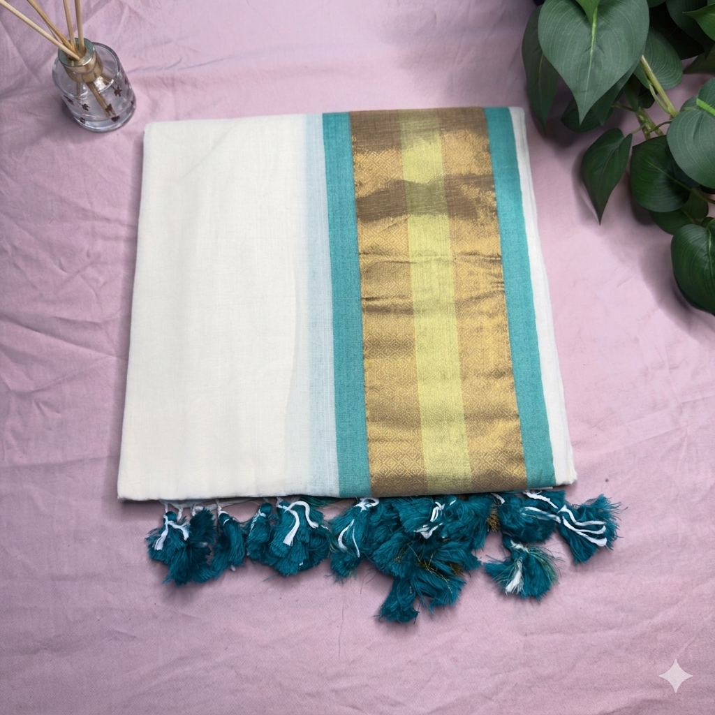 Elegant Off-White & Teal Mul Cotton Saree with Zari Border