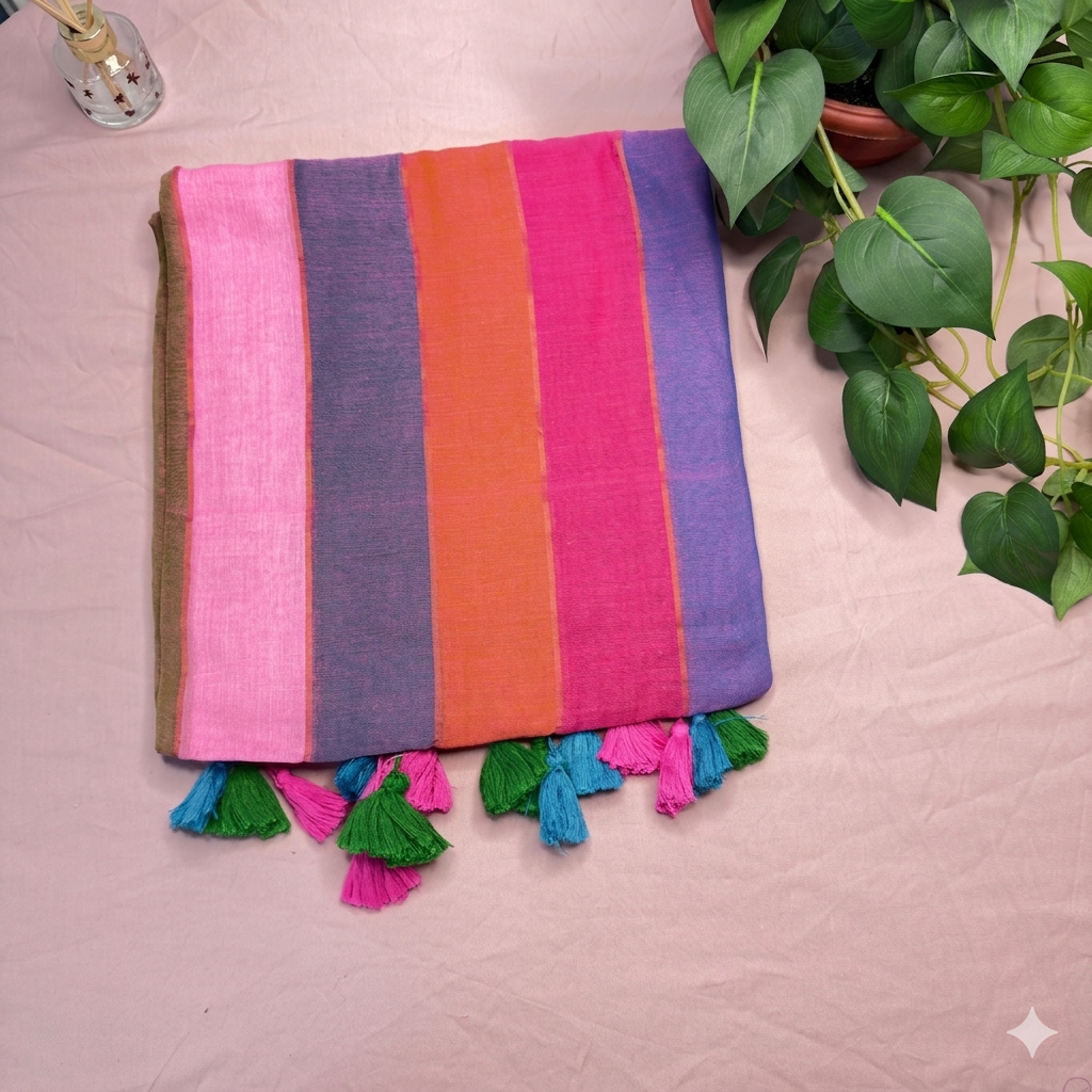 Vibrant Multicolored Striped Mul Cotton Saree with Tassels