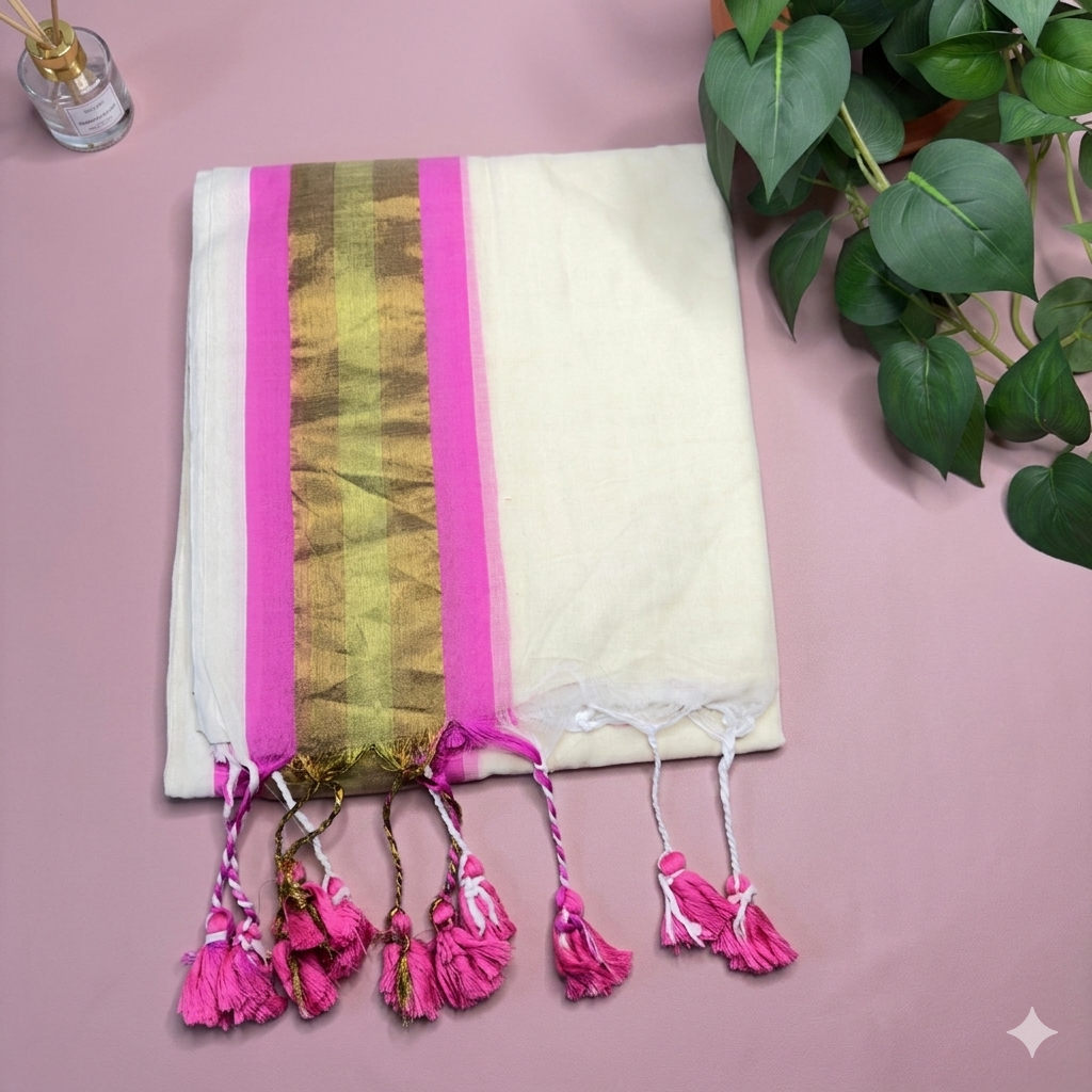 Elegant Off-White & Pink Mul Cotton Saree with Zari Border