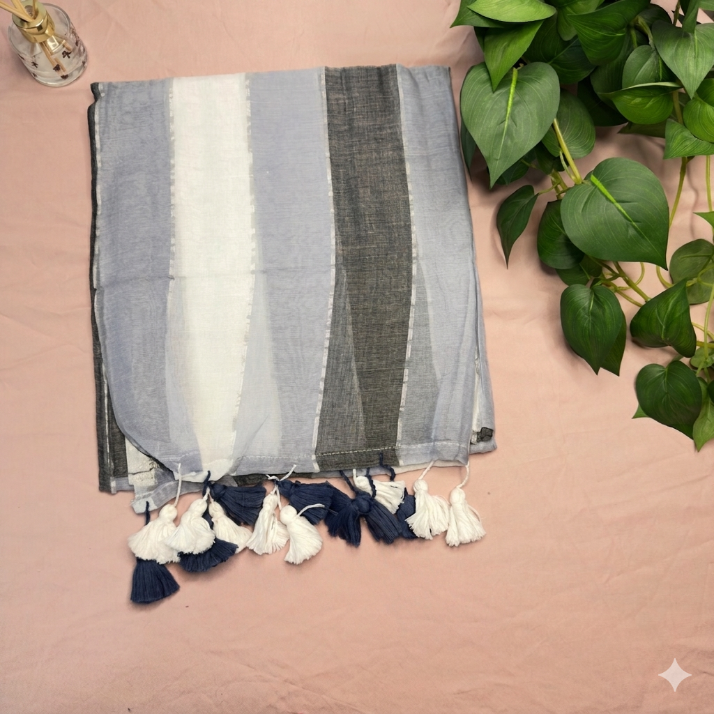 Sophisticated Grey & White Striped Mul Cotton Saree with Tassels