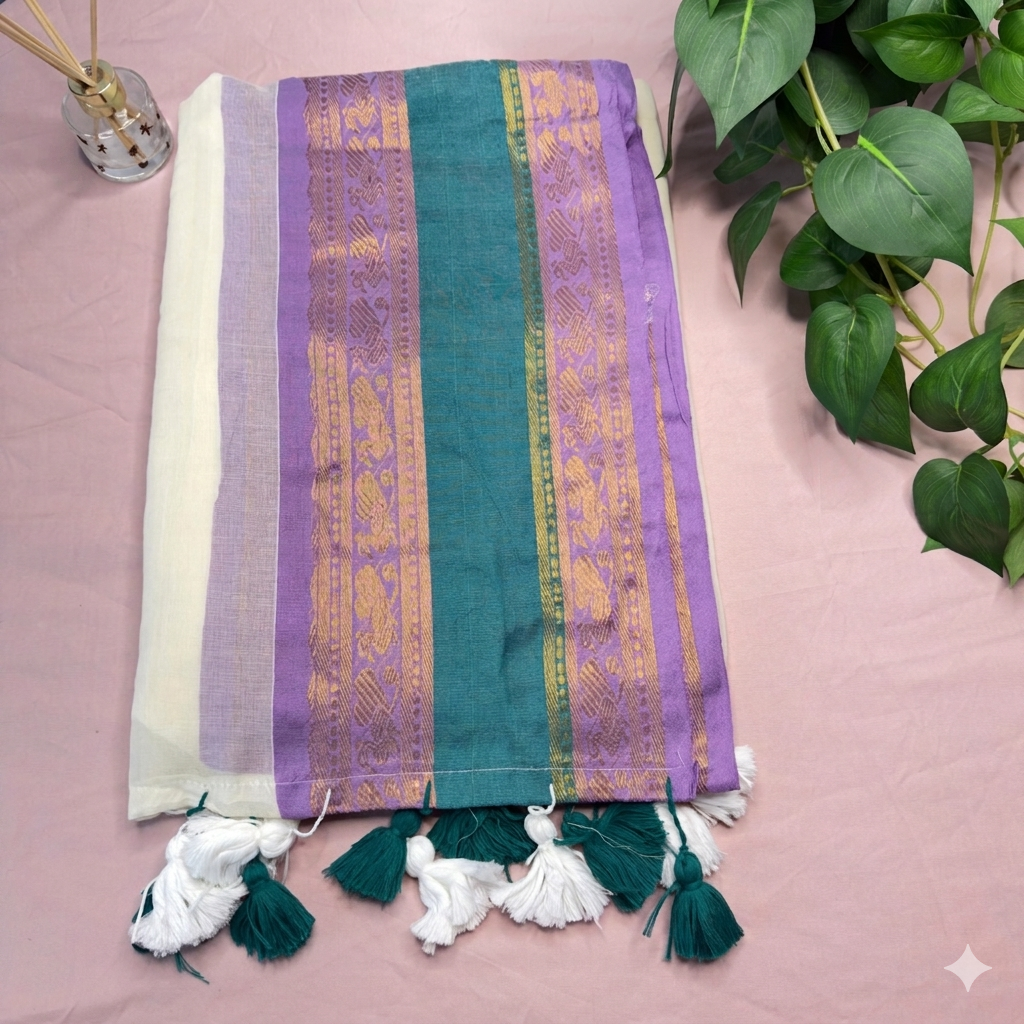 Elegant Purple & Teal Mul Cotton Saree with Gold Zari Border