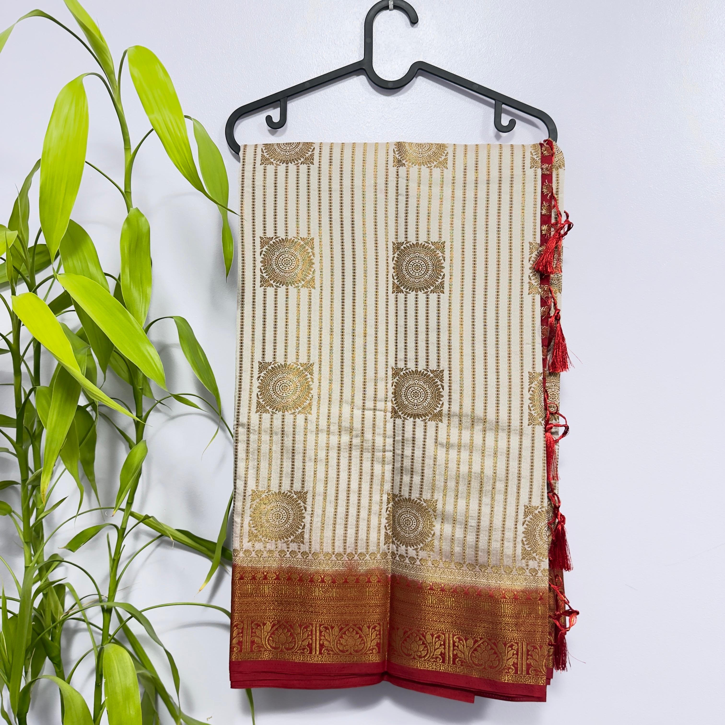 Elegant Off-White and Red Semi-Banarasi Saree with Contrast Border