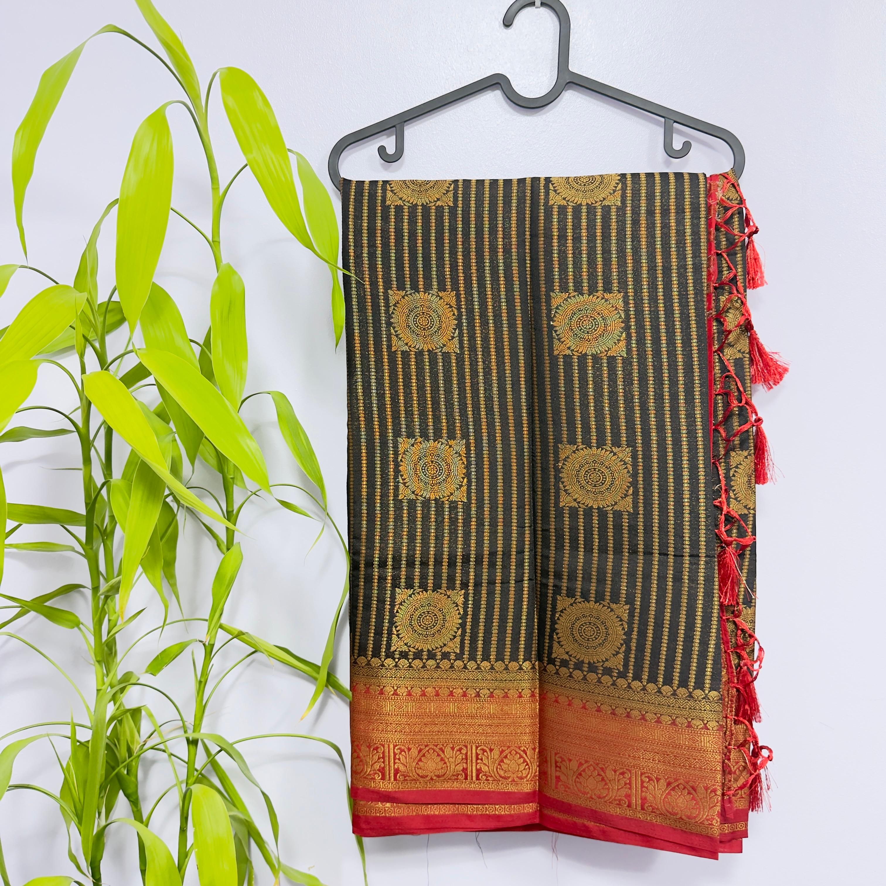 Elegant Black and Red Semi-Banarasi Saree with Contrast Border