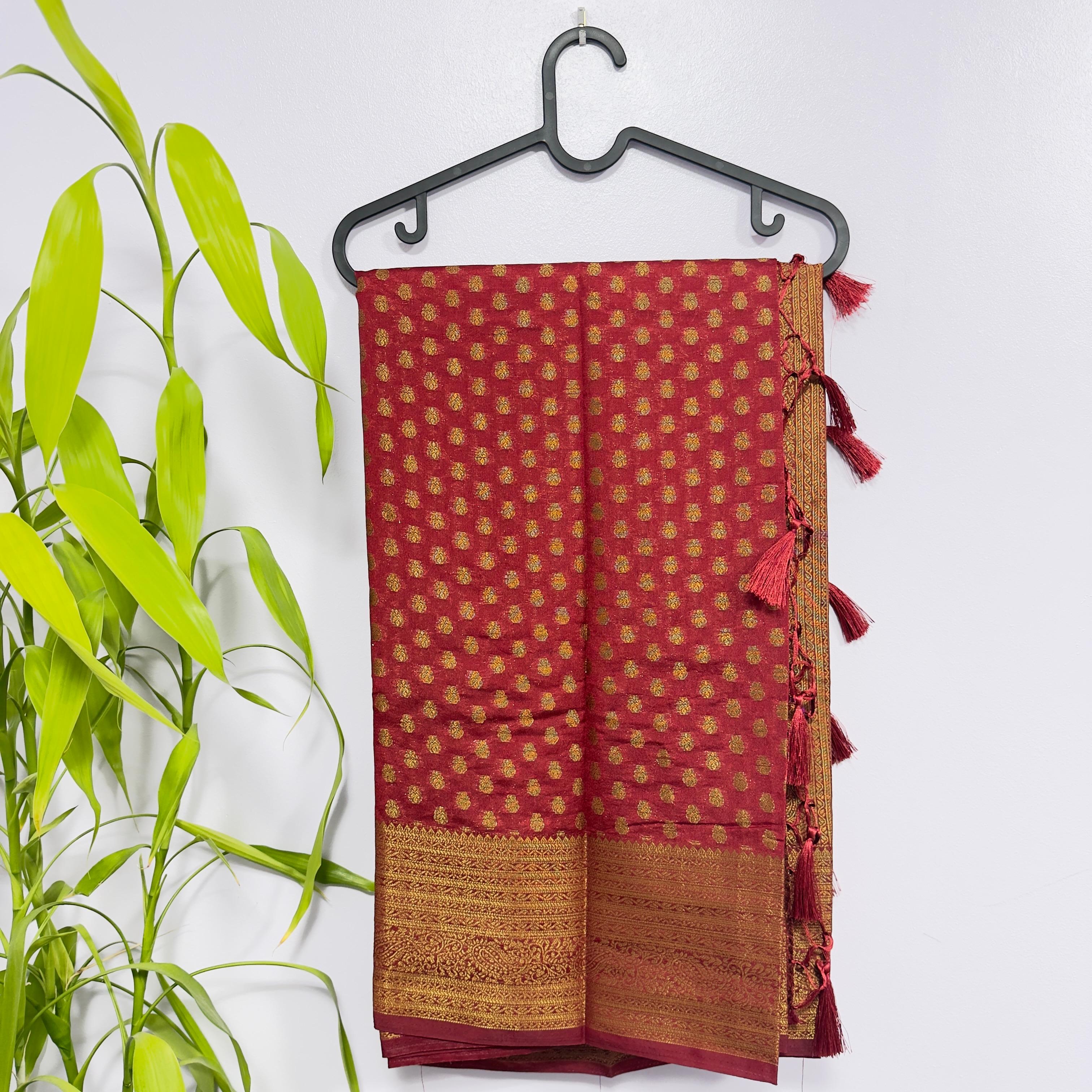 Radiant Red Semi-Banarasi Saree with Gold Zari Border