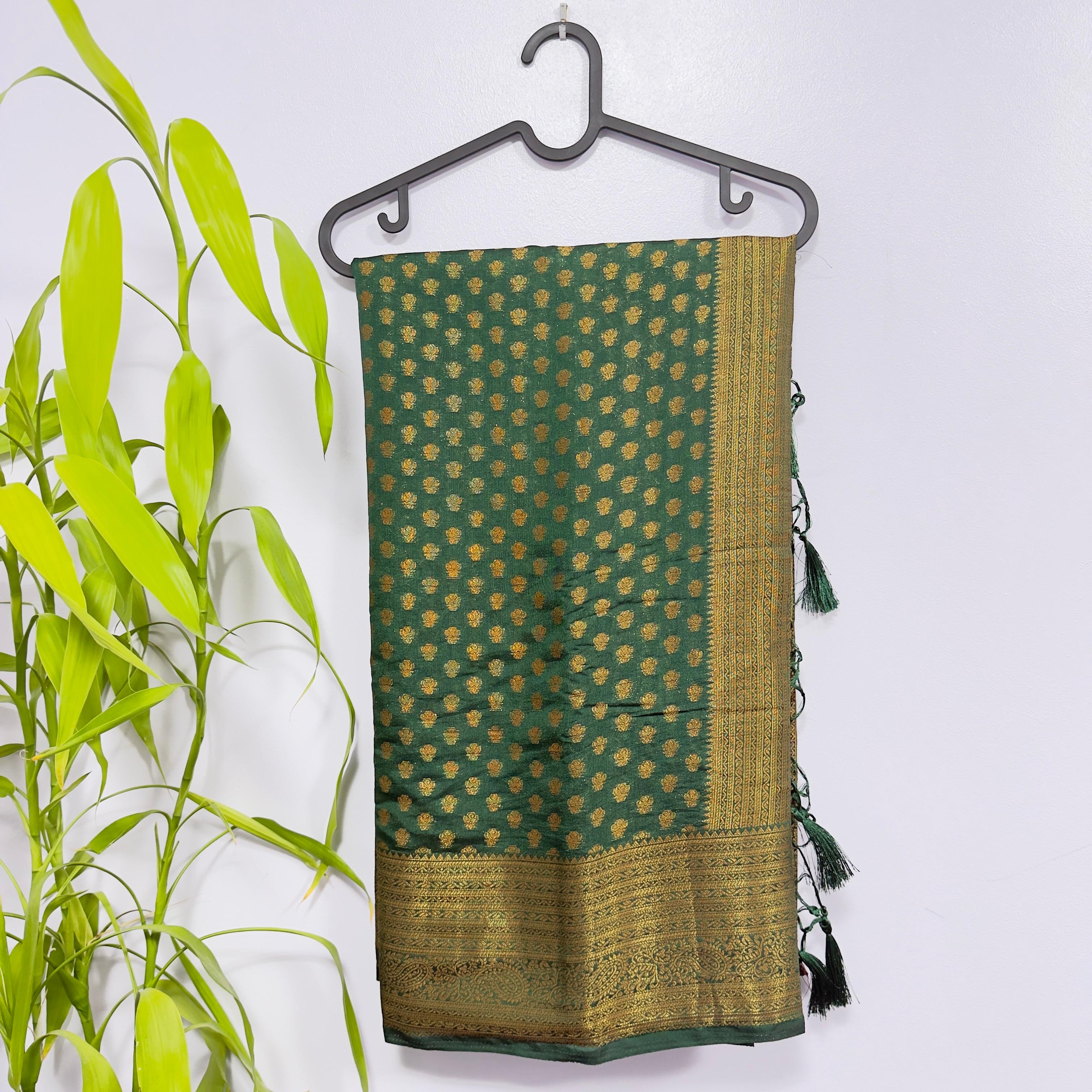 Elegant Green Semi-Banarasi Saree with Gold Zari Border