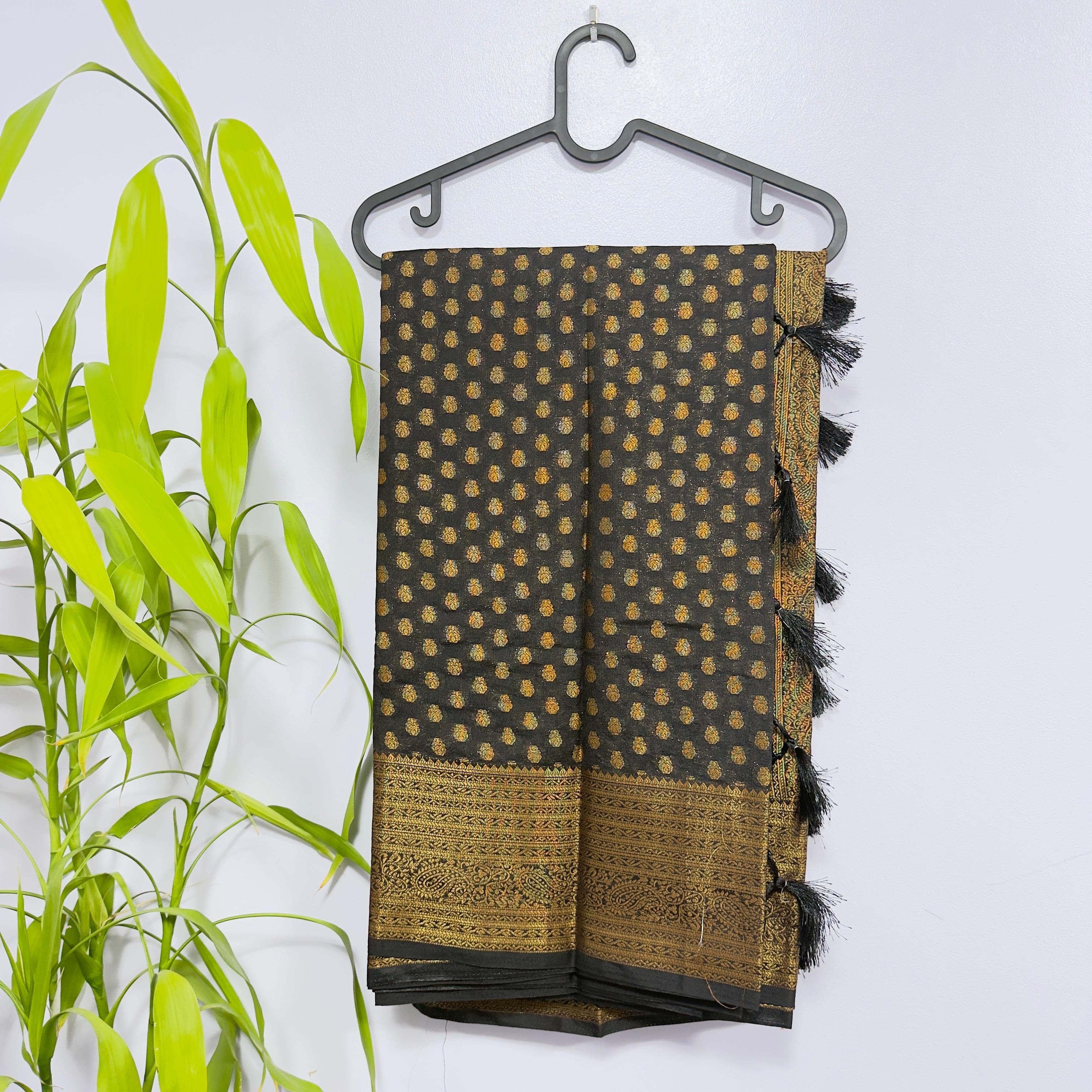 Elegant Black Semi-Banarasi Saree with Gold Zari Border