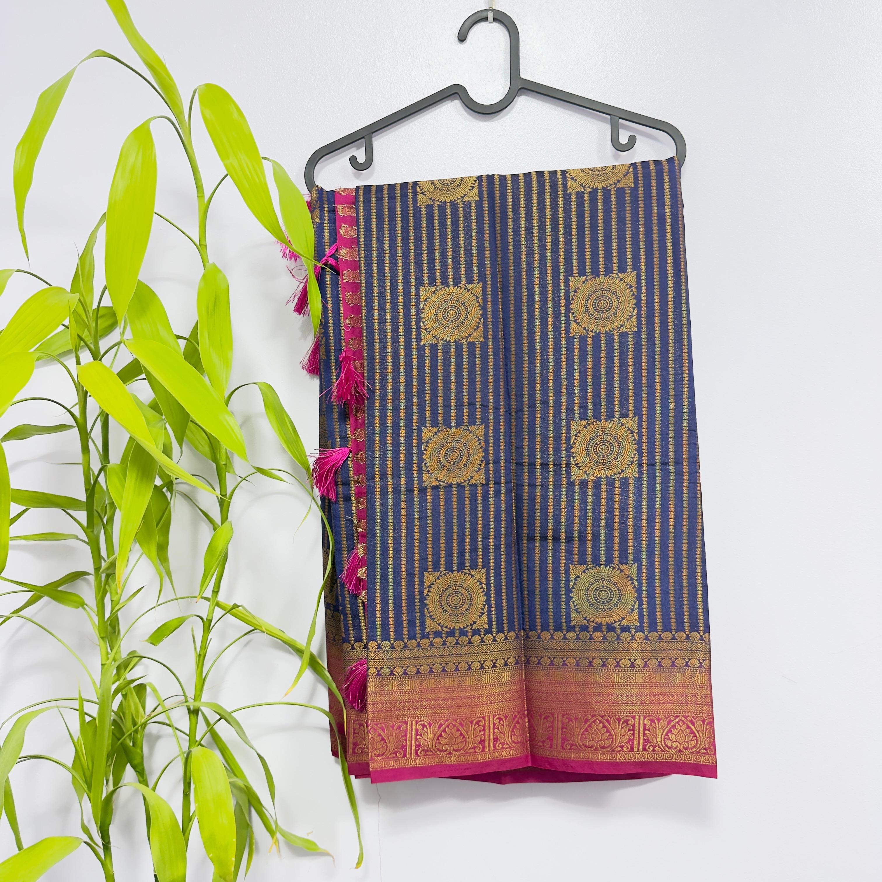Elegant Navy Blue and Magenta Semi-Banarasi Saree