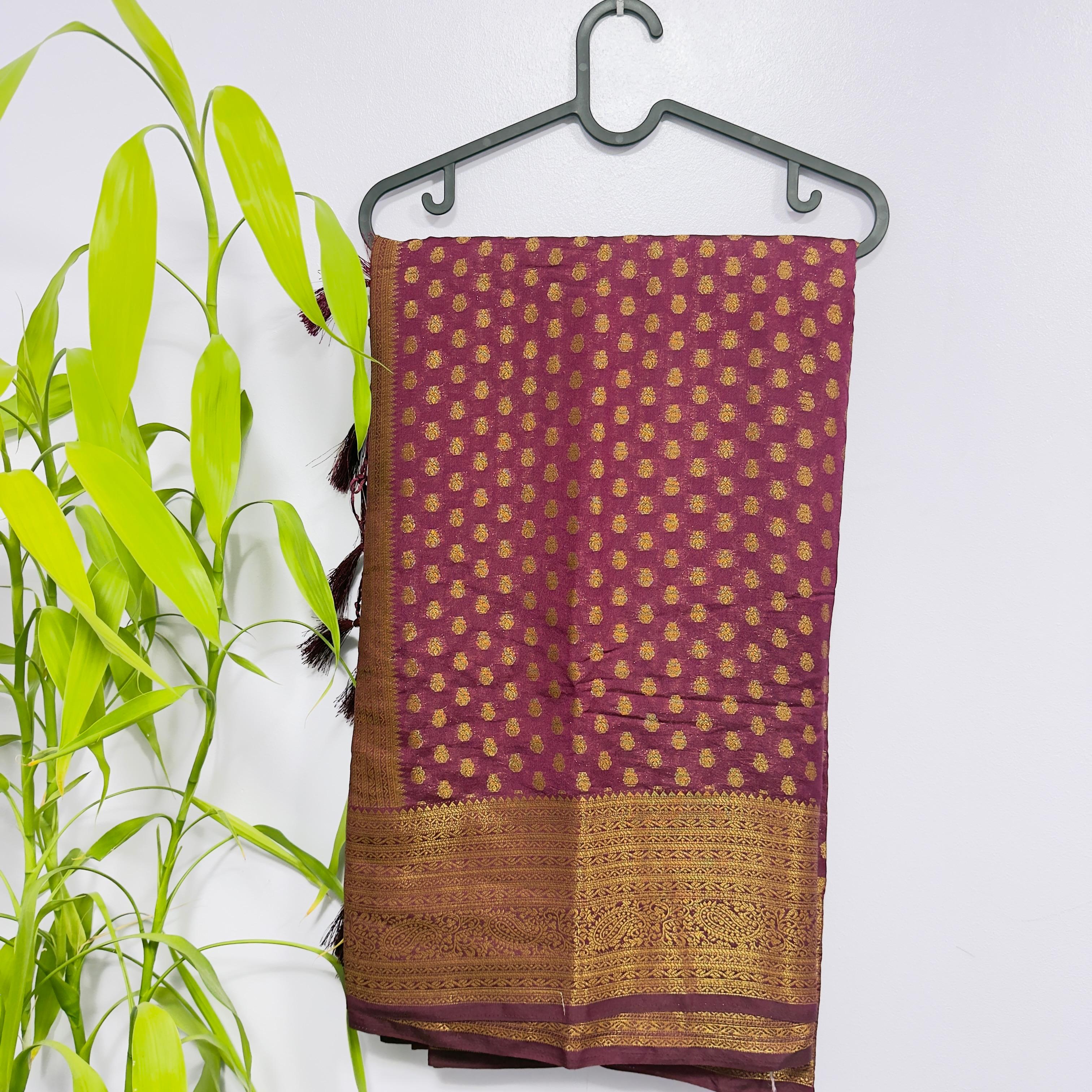 Elegant Maroon Semi-Banarasi Saree with Gold Zari Border