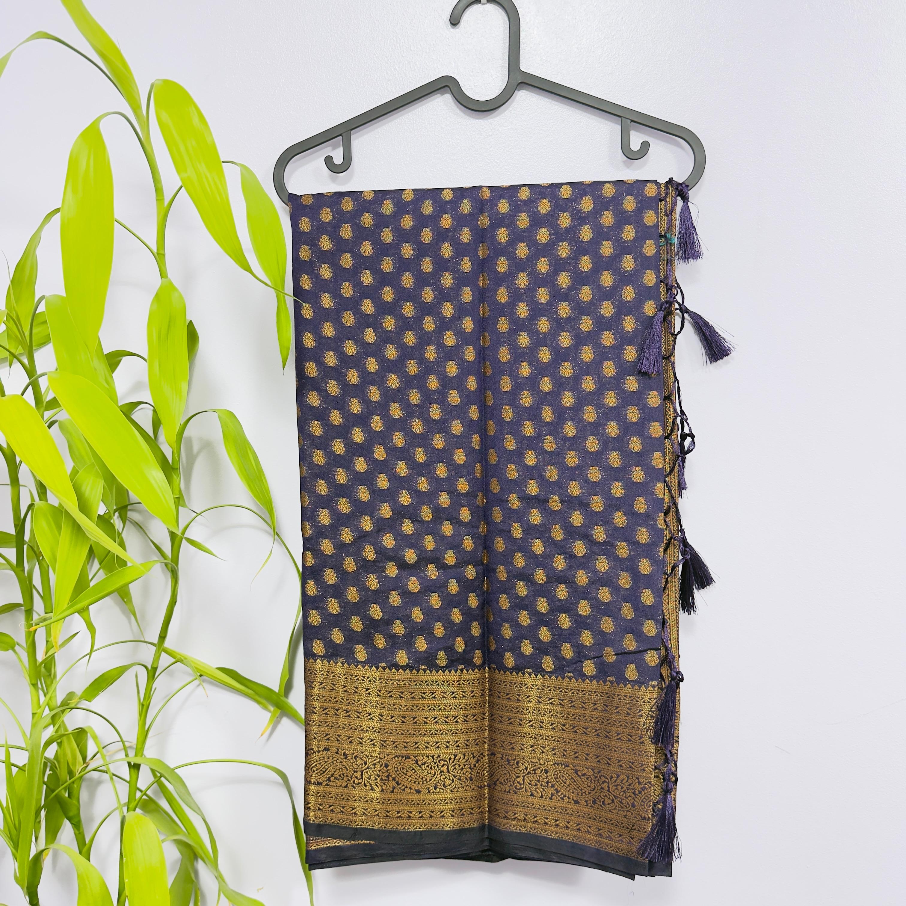 Elegant Deep Blue Semi-Banarasi Saree with Gold Zari Border