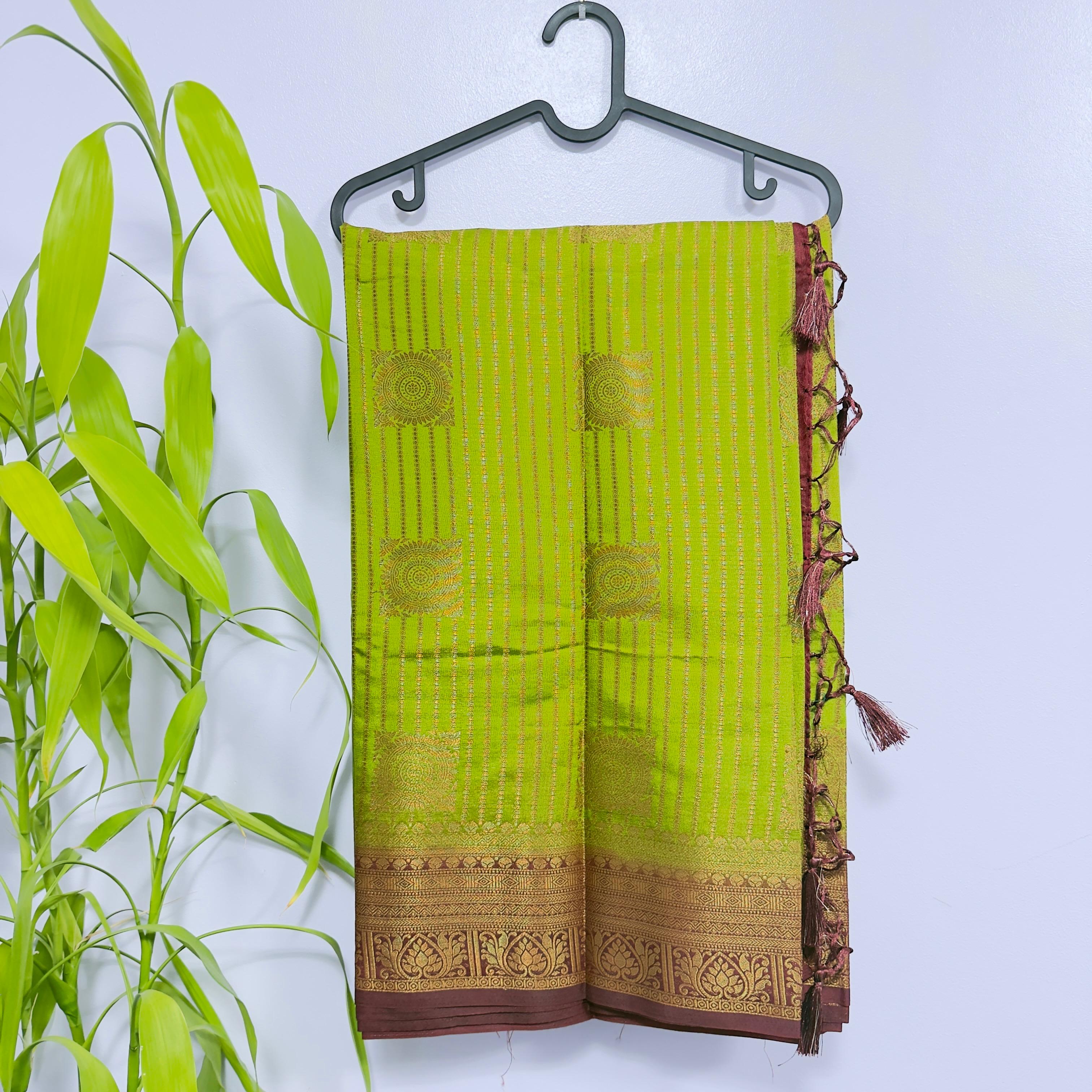Vibrant Lime Green Semi-Banarasi Saree with Contrast Border