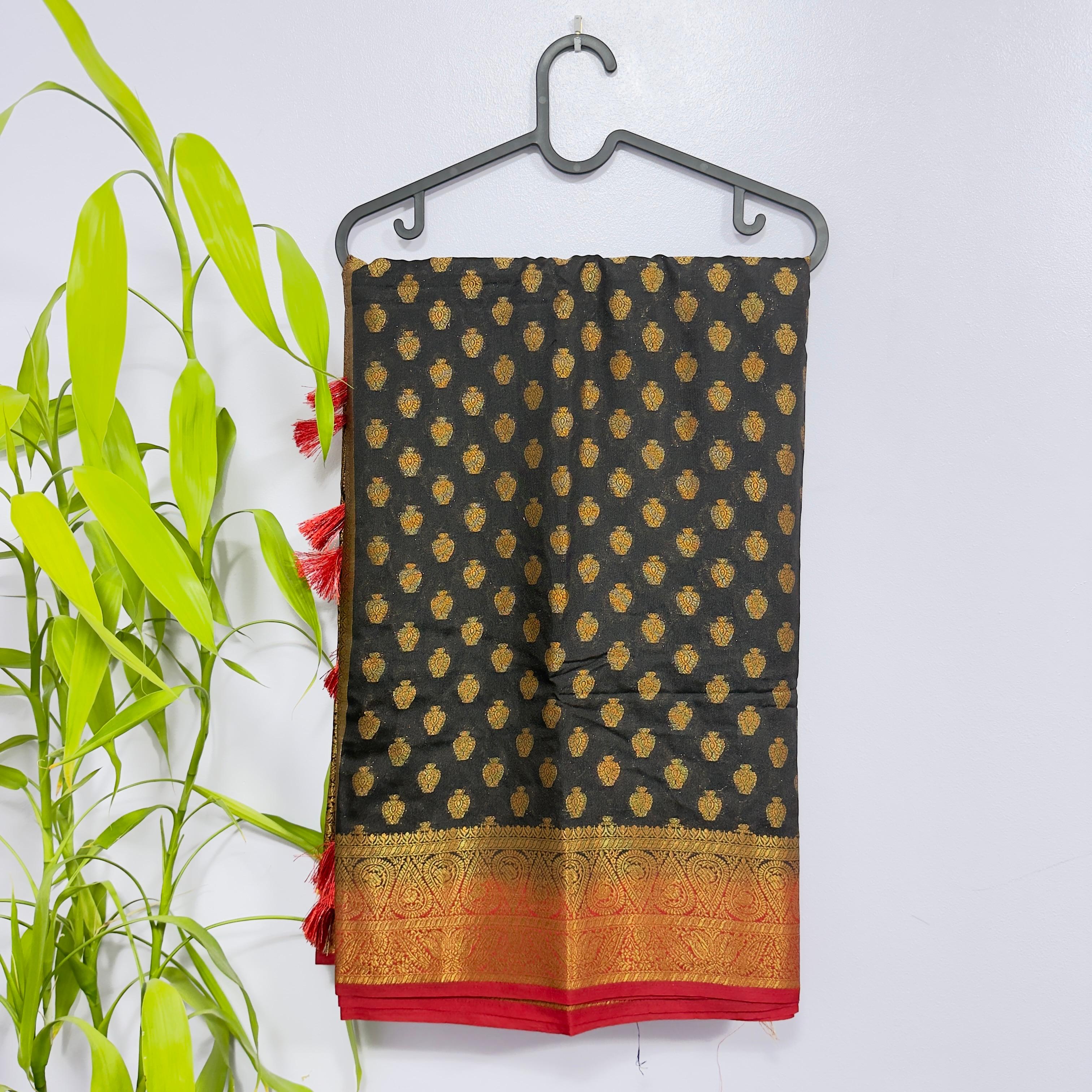 Elegant Black & Gold Semi Banarasi Saree with Contrast Red Border and Tussles